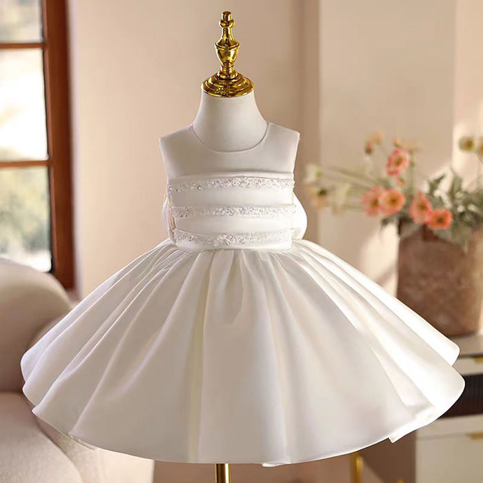 Elegant White Satin Baby Girl Dress Sleeveless First Communion Gown J466