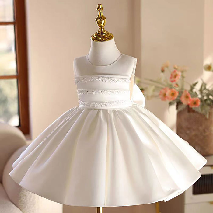 Elegant White Satin Baby Girl Dress Sleeveless First Communion Gown J466