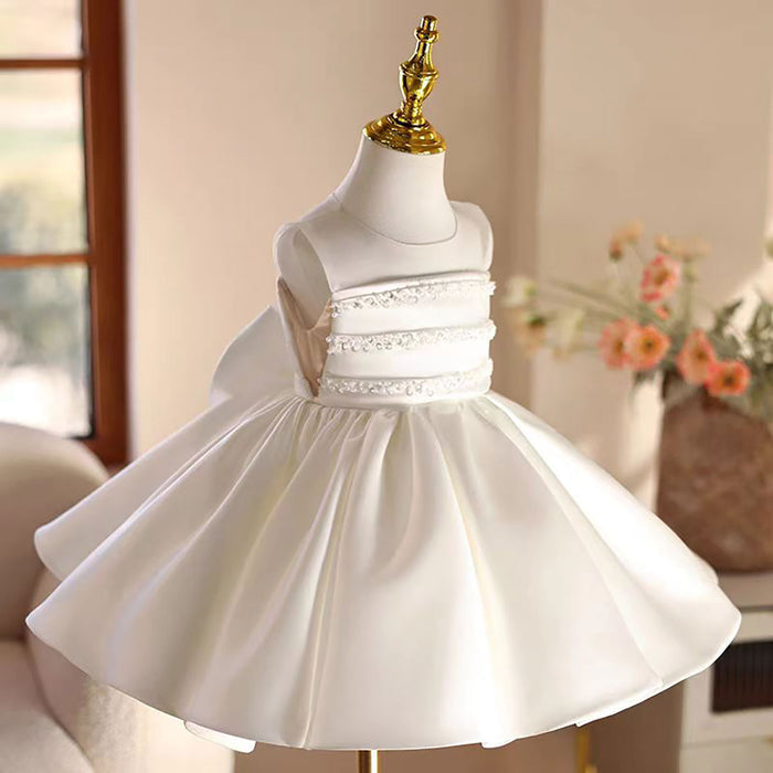 Elegant White Satin Baby Girl Dress Sleeveless First Communion Gown J466