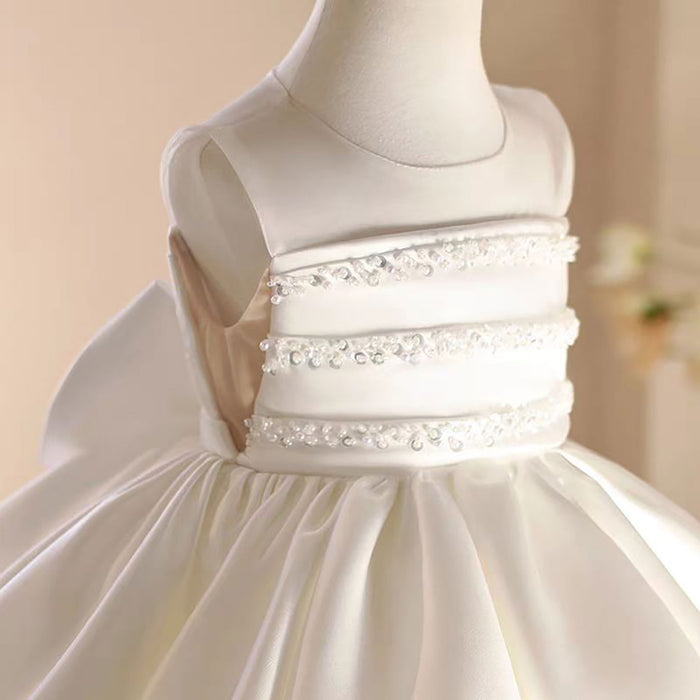 Elegant White Satin Baby Girl Dress Sleeveless First Communion Gown J466
