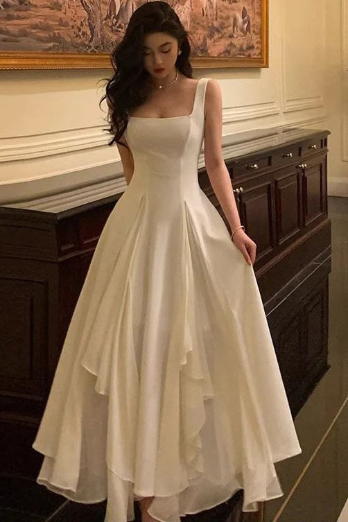 Elegant White Straps Square Ruffles Chiffon A-Line Party Prom Dress