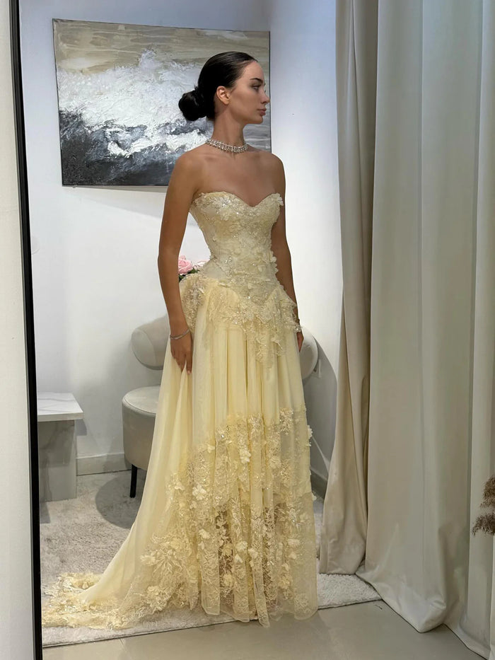 Elegant Yellow Floral Strapless with Train Evening Dress SS654-DreamyVow