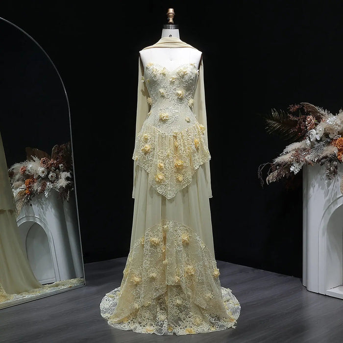 Elegant Yellow Floral Strapless with Train Evening Dress SS654-DreamyVow