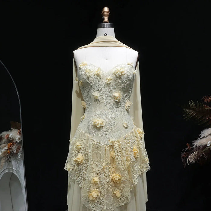 Elegant Yellow Floral Strapless with Train Evening Dress SS654-DreamyVow