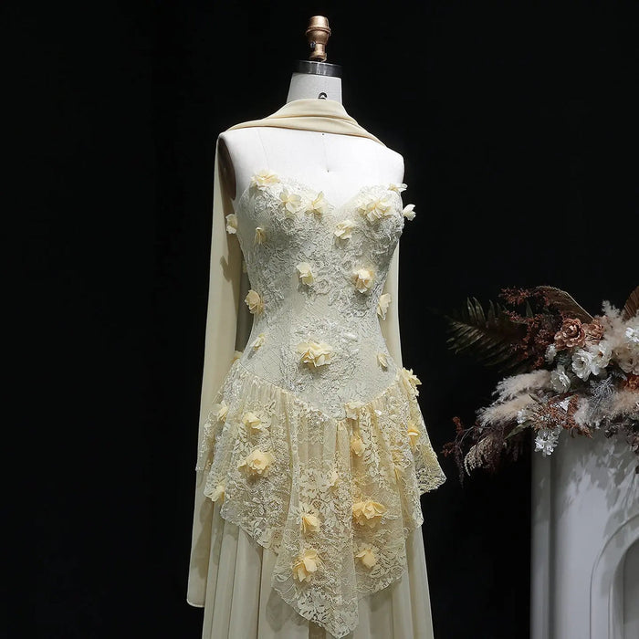 Elegant Yellow Floral Strapless with Train Evening Dress SS654-DreamyVow