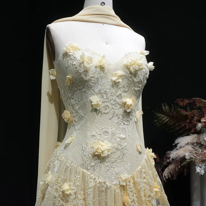 Elegant Yellow Floral Strapless with Train Evening Dress SS654-DreamyVow