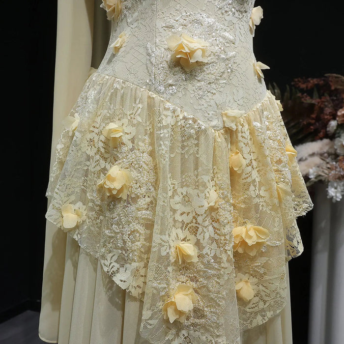 Elegant Yellow Floral Strapless with Train Evening Dress SS654-DreamyVow