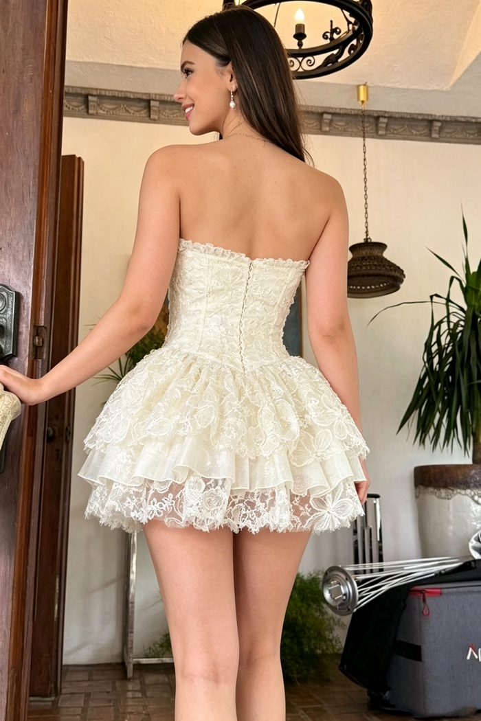 Exquisite A-Line Strapless Empire-Waist Lace Puffy Short Homecoming Birthday Dress