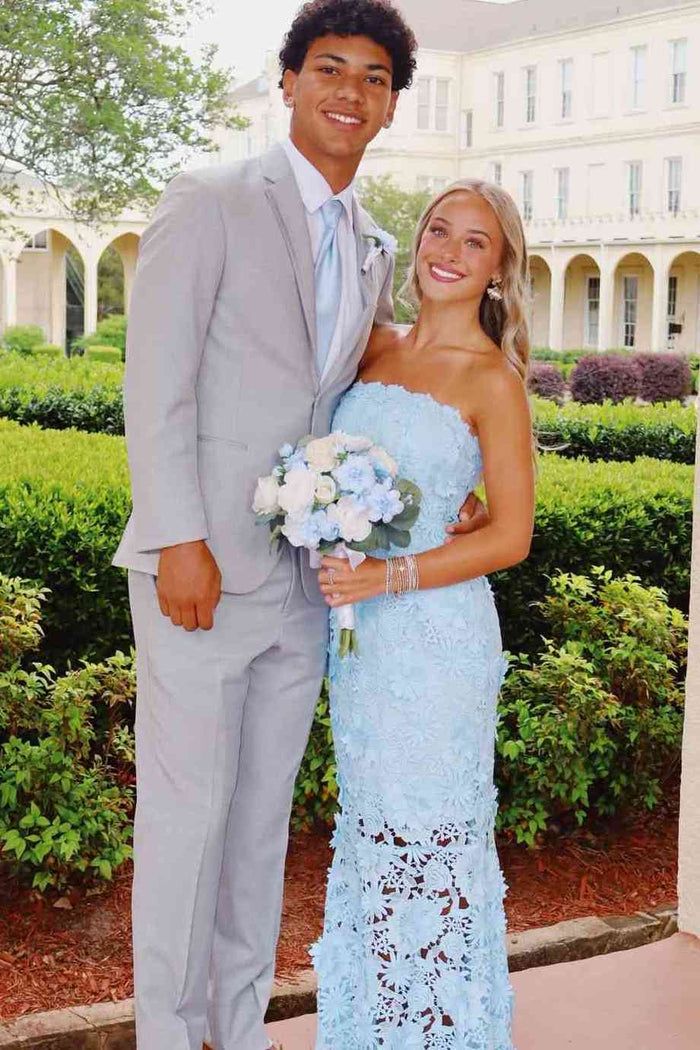 Exquisite Blue Strapless Lace Sleeveless Long Prom Dress