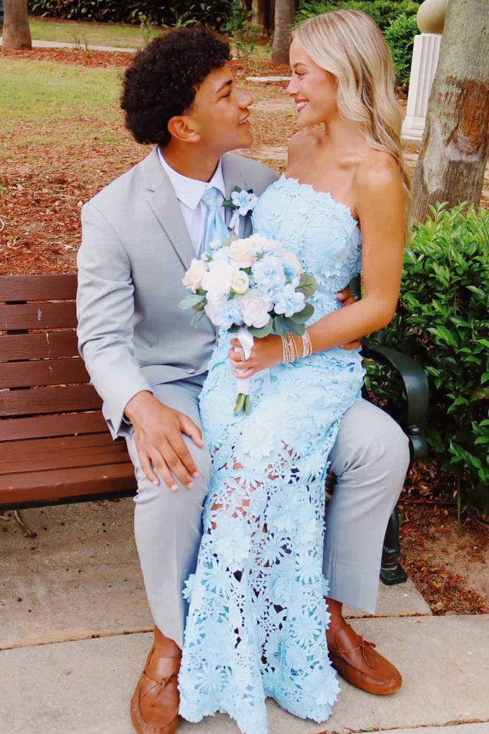Exquisite Blue Strapless Lace Sleeveless Long Prom Dress