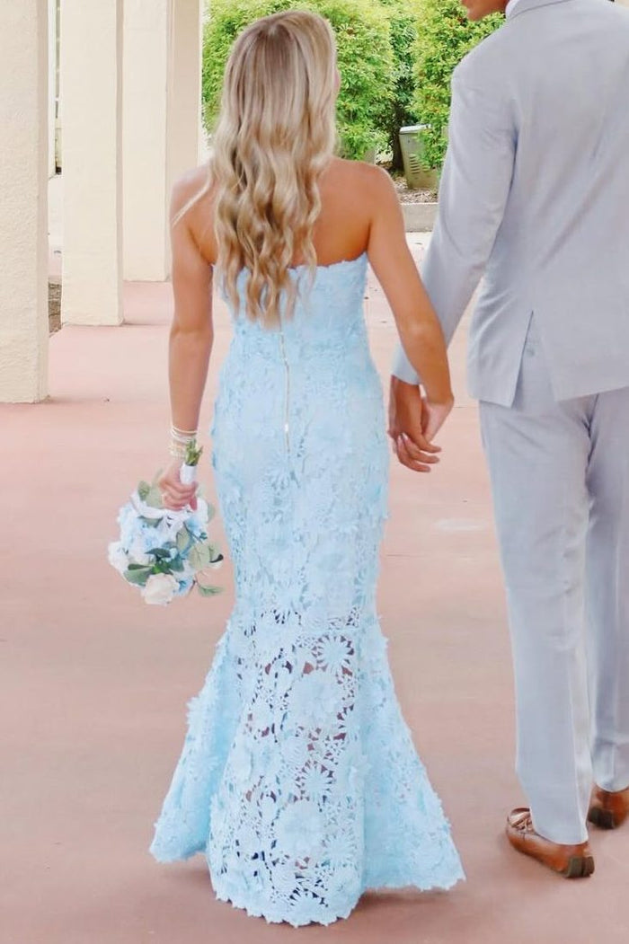 Exquisite Blue Strapless Lace Sleeveless Long Prom Dress
