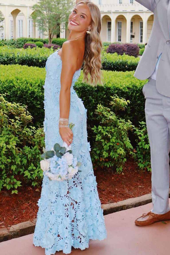 Exquisite Blue Strapless Lace Sleeveless Long Prom Dress