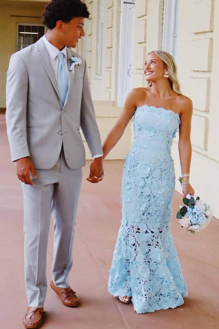 Exquisite Blue Strapless Lace Sleeveless Long Prom Dress
