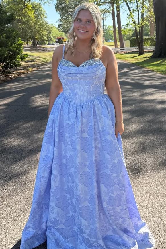 Exquisite Spaghetti Straps A-Line Floral Empire-Waist Prom Dress with Beads