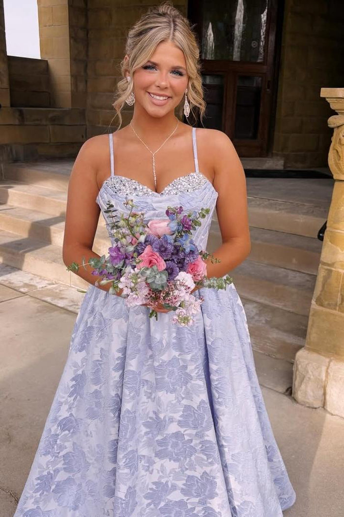 Exquisite Spaghetti Straps A-Line Floral Empire-Waist Prom Dress with Beads