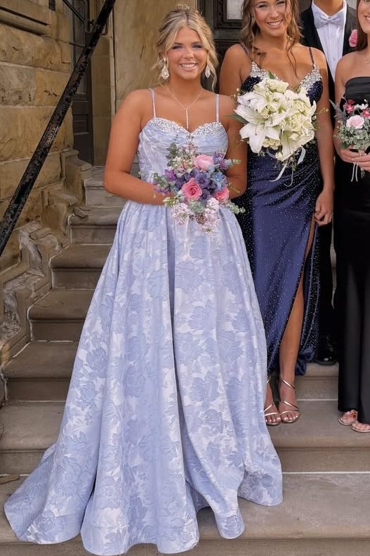 Exquisite Spaghetti Straps A-Line Floral Empire-Waist Prom Dress with Beads