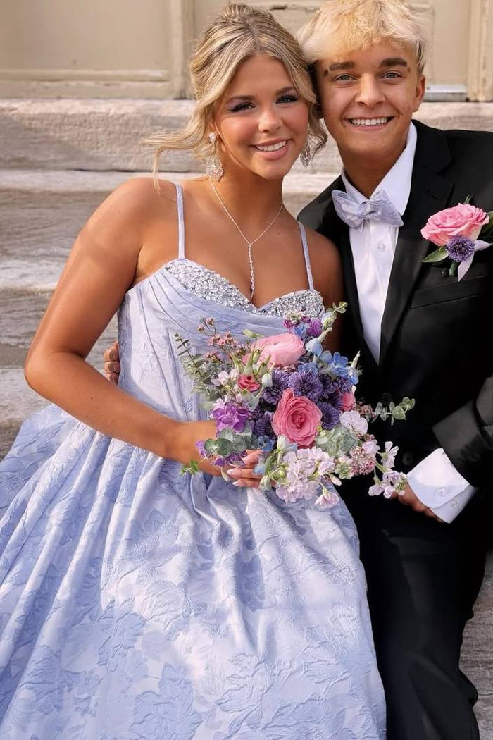 Exquisite Spaghetti Straps A-Line Floral Empire-Waist Prom Dress with Beads