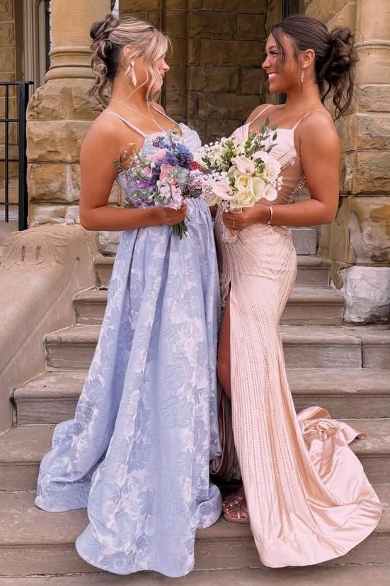 Exquisite Spaghetti Straps A-Line Floral Empire-Waist Prom Dress with Beads