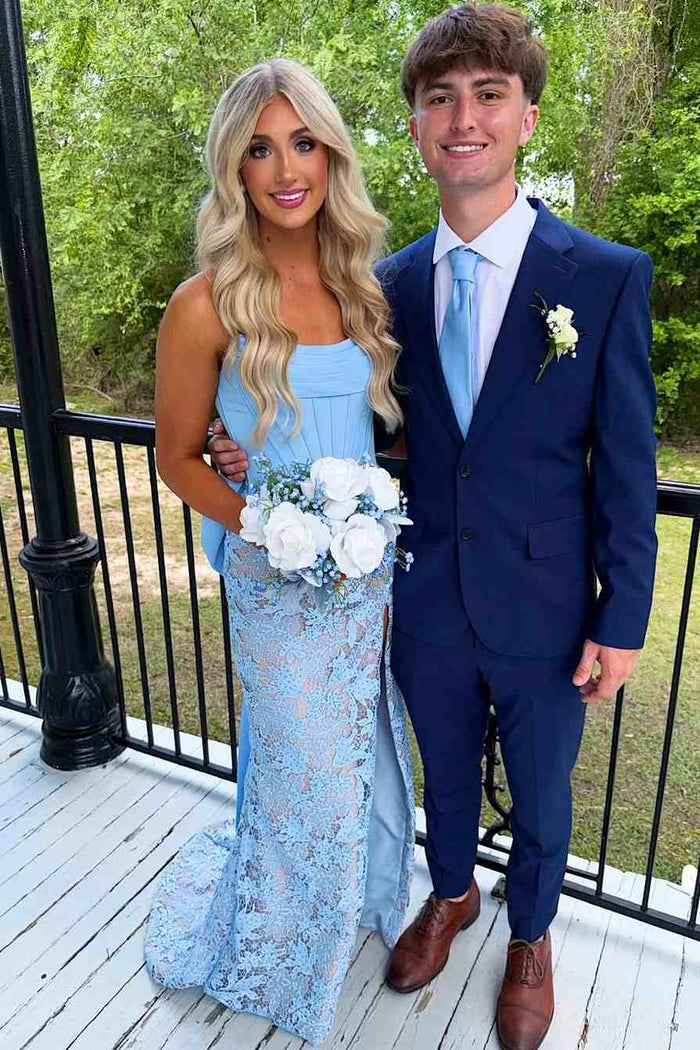 Exquisite Strapless Lace Appliques Pleats Bow Mermaid Prom Dress with Slit