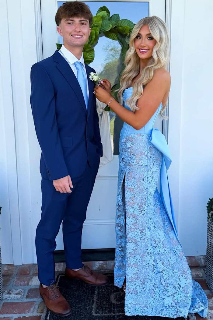 Exquisite Strapless Lace Appliques Pleats Bow Mermaid Prom Dress with Slit