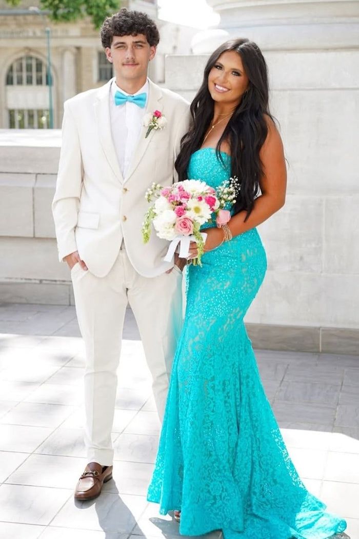 Exquisite Strapless Mermaid Sleeveless Lace Long Prom Dress