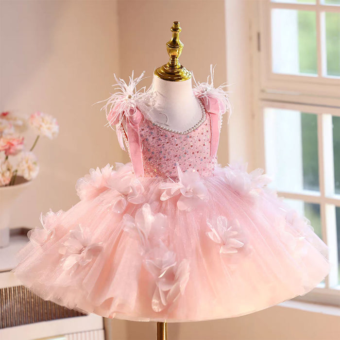 Feather Knee Length Birthday Party Flower Girl Dress Pink D093