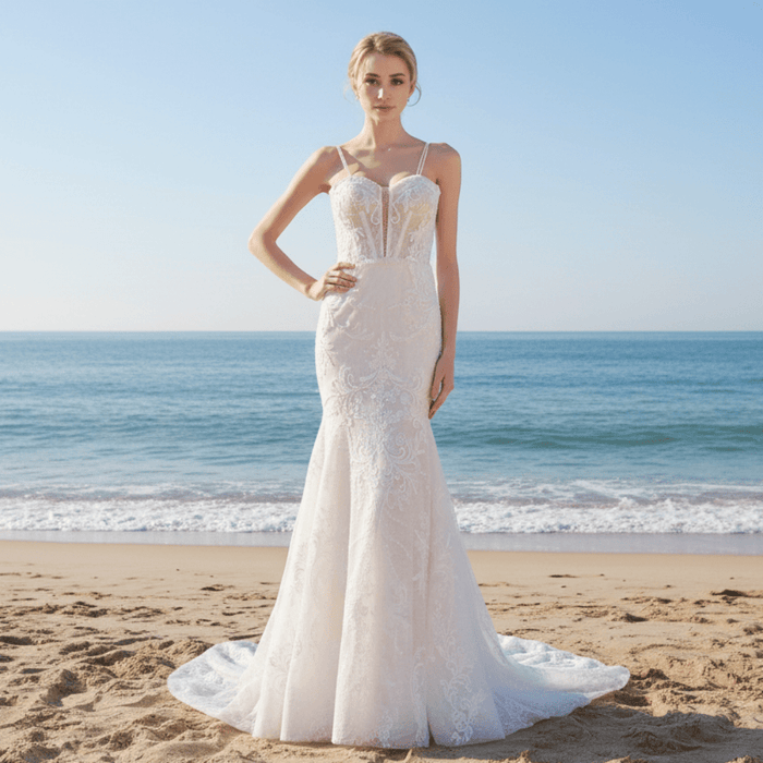 Fit and Flare Lace Wedding Dress with Double Spaghetti Straps - Rosymae