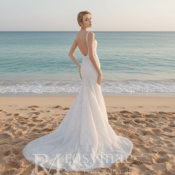Fit and Flare Lace Wedding Dress with Double Spaghetti Straps - Rosymae