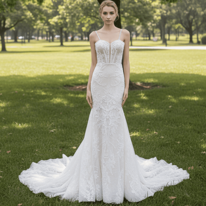 Fit and Flare Lace Wedding Dress with Double Spaghetti Straps - Rosymae