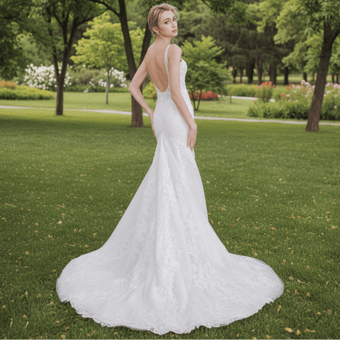 Fit and Flare Lace Wedding Dress with Double Spaghetti Straps - Rosymae