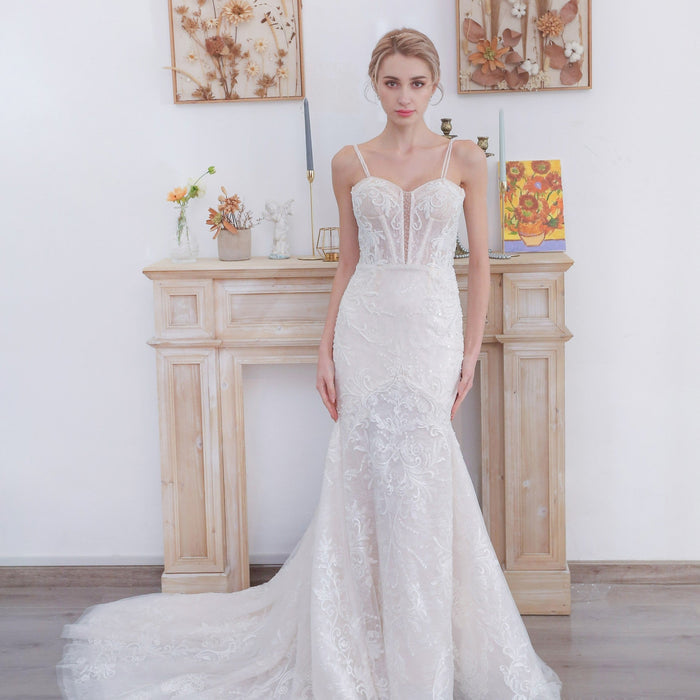 Fit and Flare Lace Wedding Dress with Double Spaghetti Straps - Rosymae