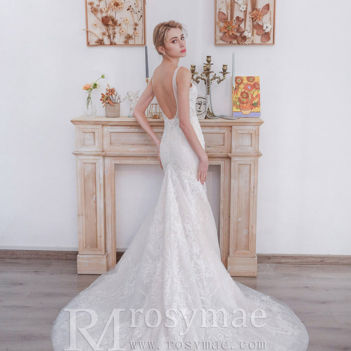 Fit and Flare Lace Wedding Dress with Double Spaghetti Straps - Rosymae