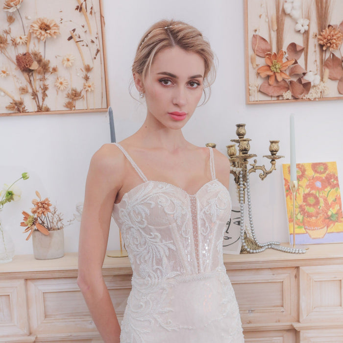 Fit and Flare Lace Wedding Dress with Double Spaghetti Straps - Rosymae