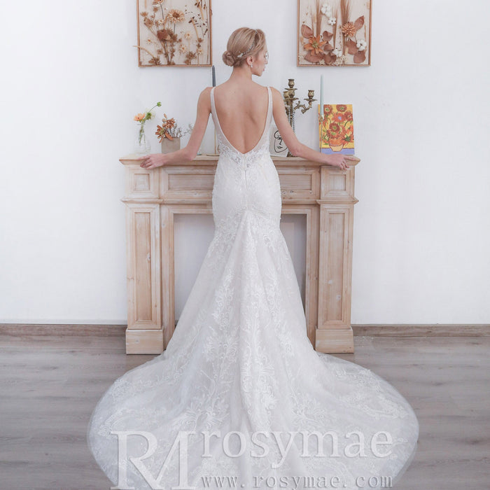 Fit and Flare Lace Wedding Dress with Double Spaghetti Straps - Rosymae