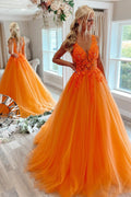 Floral Appliques V-Neck Backless A-Line Prom Gown