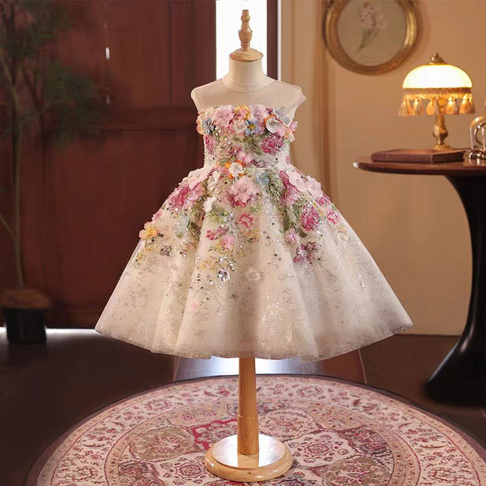 Floral Flowers Girl Dress Knee Length for 1st Birthday Party J404A