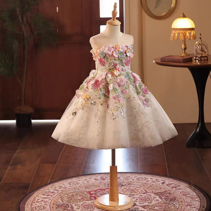 Floral Flowers Girl Dress Knee Length for 1st Birthday Party J404A