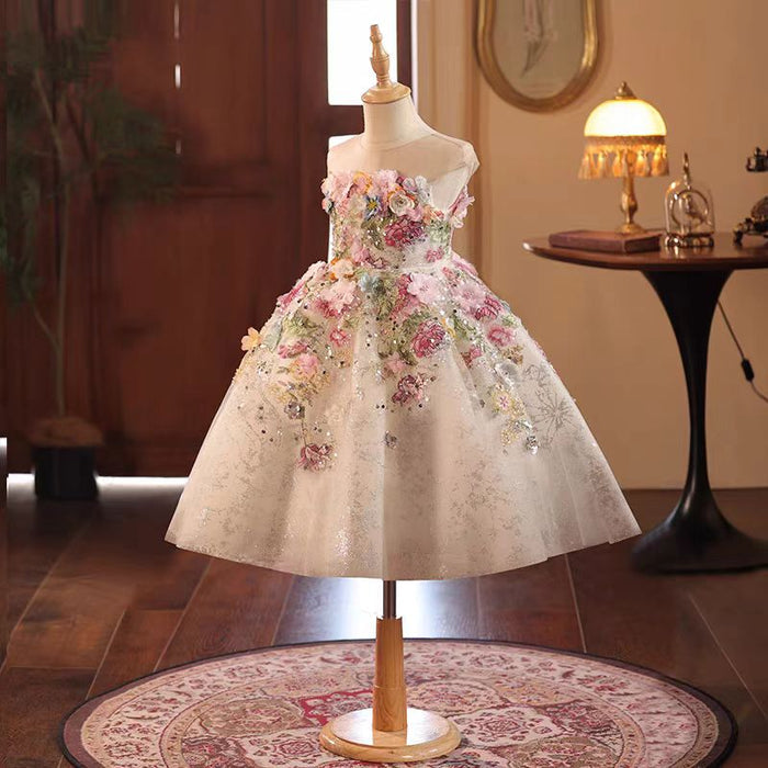 Floral Flowers Girl Dress Knee Length for 1st Birthday Party J404A