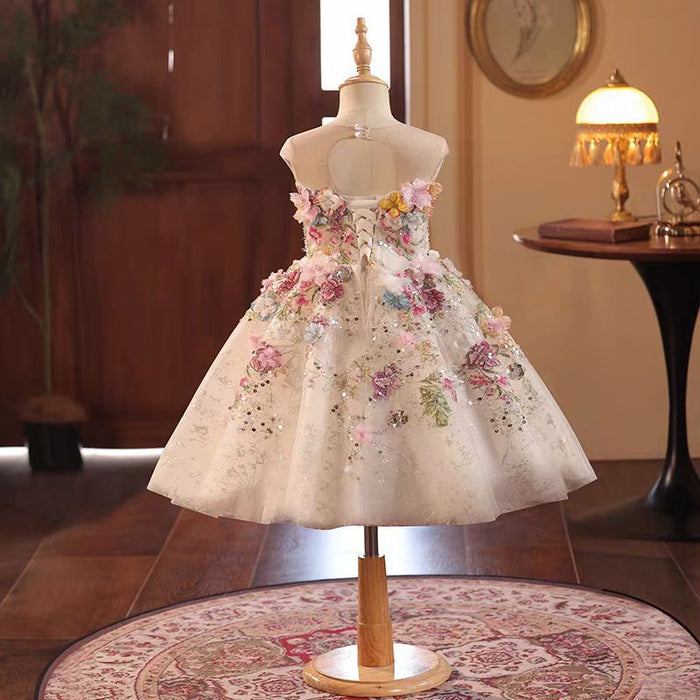 Floral Flowers Girl Dress Knee Length for 1st Birthday Party J404A