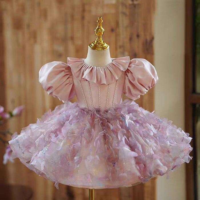 Floral Pink Girl Dress Satin Princess Toddler Kids 1st Birthday Party J482