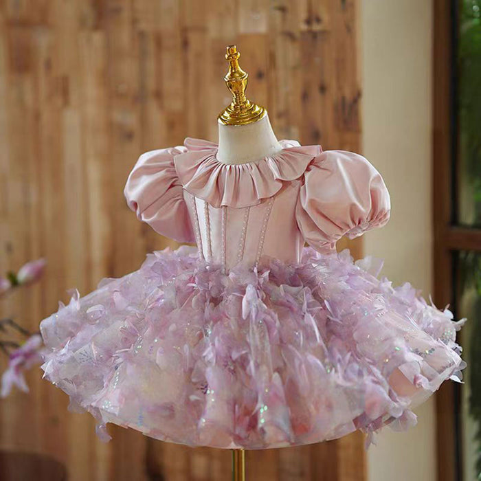 Floral Pink Girl Dress Satin Princess Toddler Kids 1st Birthday Party J482