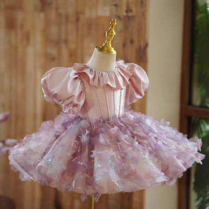 Floral Pink Girl Dress Satin Princess Toddler Kids 1st Birthday Party J482
