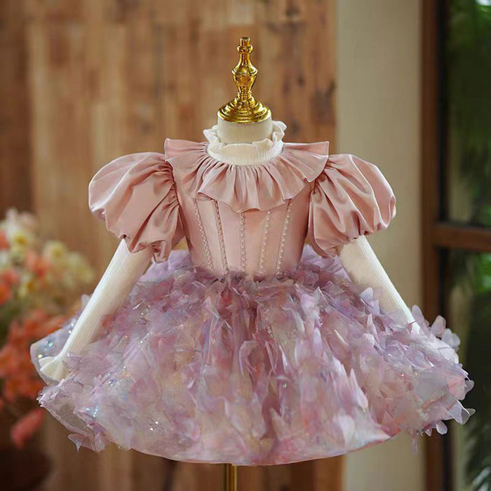 Floral Pink Girl Dress Satin Princess Toddler Kids 1st Birthday Party J482