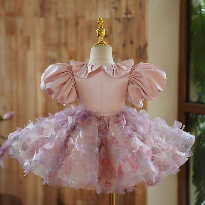 Floral Pink Girl Dress Satin Princess Toddler Kids 1st Birthday Party J482