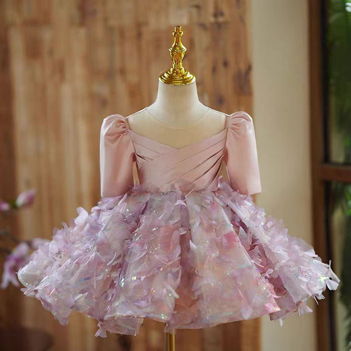Floral Pink Girl Dress Satin Princess Toddler Kids 1st Birthday Party J482