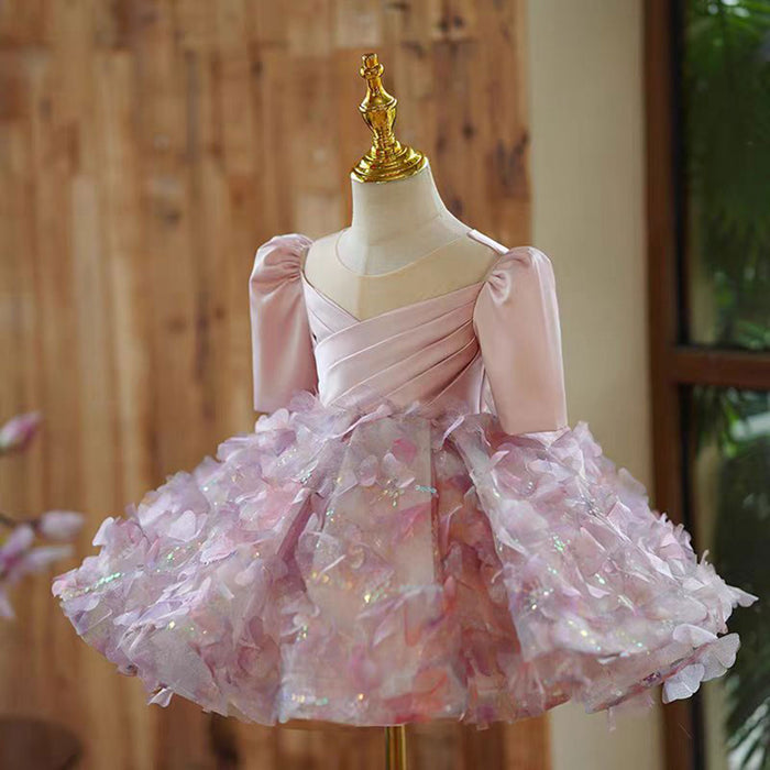 Floral Pink Girl Dress Satin Princess Toddler Kids 1st Birthday Party J482