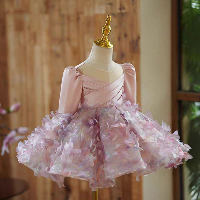 Floral Pink Girl Dress Satin Princess Toddler Kids 1st Birthday Party J482
