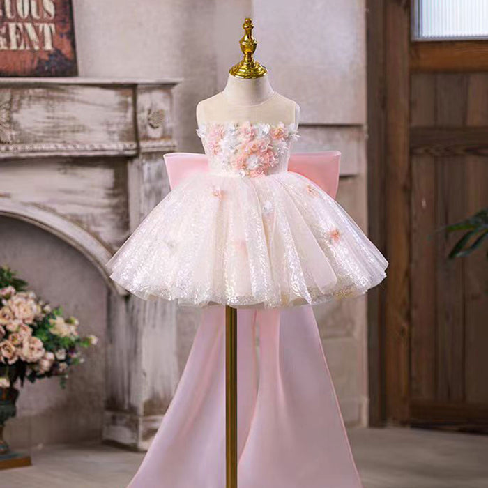 Flower-Adorned Bow Flower Girl Dress With Tailing Pink J548