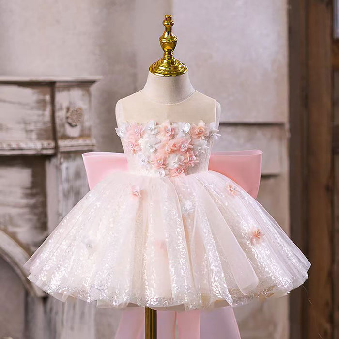Flower-Adorned Bow Flower Girl Dress With Tailing Pink J548