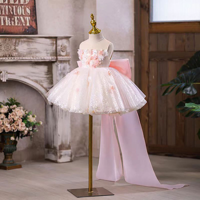 Flower-Adorned Bow Flower Girl Dress With Tailing Pink J548
